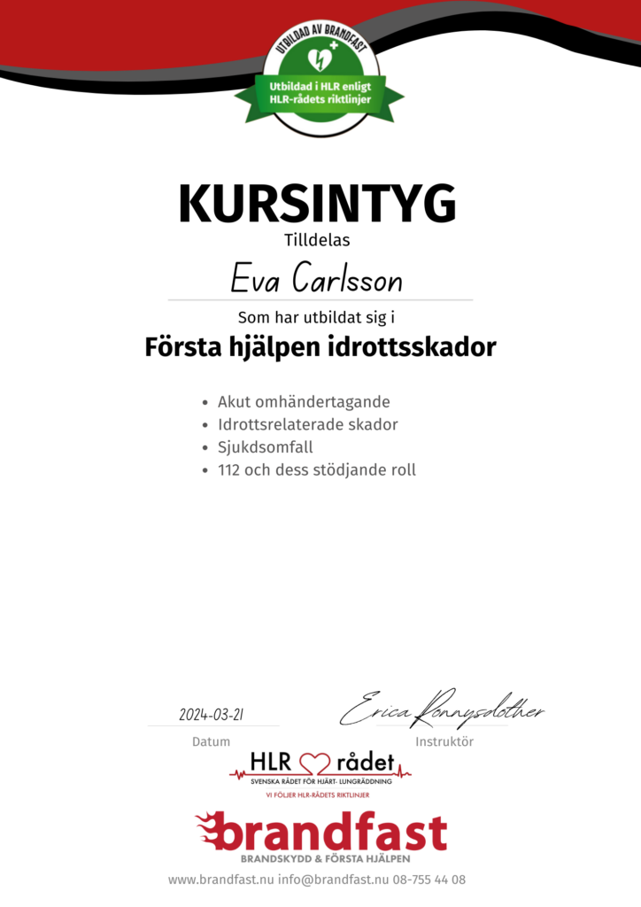 första hjälpen idrottsskador kursintyg