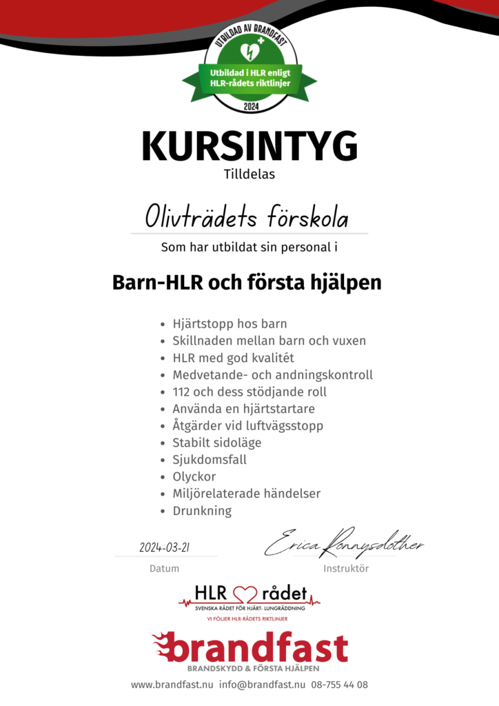 Kursintyg Barn första hjälpen företag