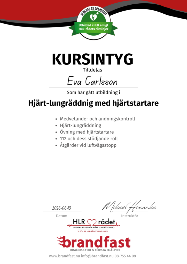 Kursintyg hjärt-lungräddning produktblad