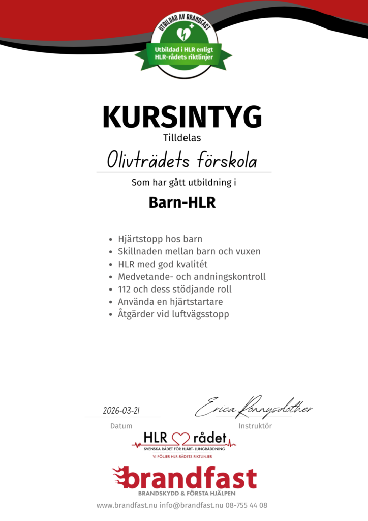 Kursintyg HLR barn Företag