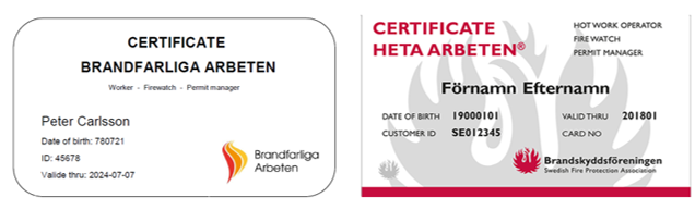 giltiga certifikat för heta arbeten