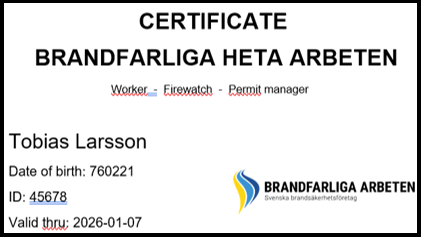 Certifikat brandfarliga heta arbeten