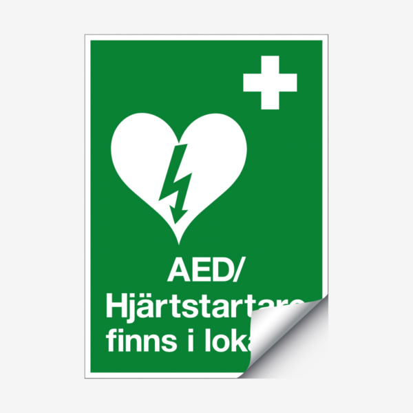 AED/Hjärtstartare finns i lokalen nödskylt
