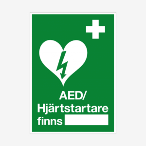 AED/Hjärtstartare finns (valfri text) nödskylt