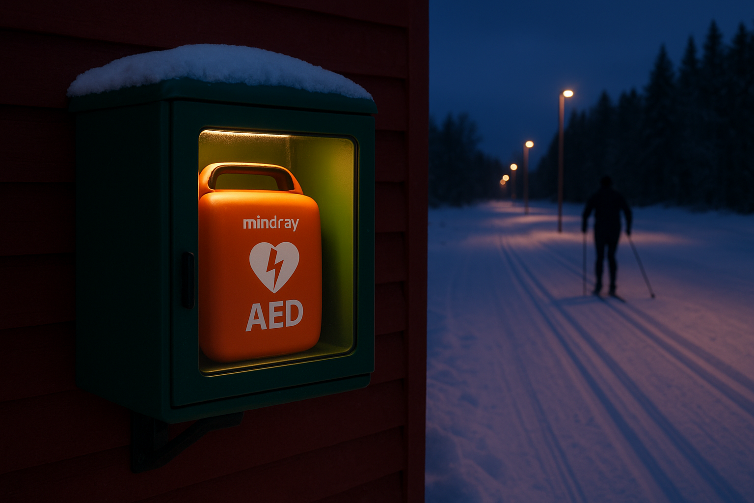 hjärtstartare vid skidspår