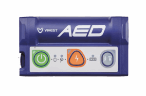 ViVest Pocket AED 3 hjärtstartare i vy ovanifrån. Med en kompakt design i mobilformat och användarvänliga knappar.