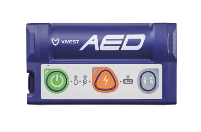 ViVest Pocket AED 3 hjärtstartare i vy ovanifrån. Med en kompakt design i mobilformat och användarvänliga knappar.