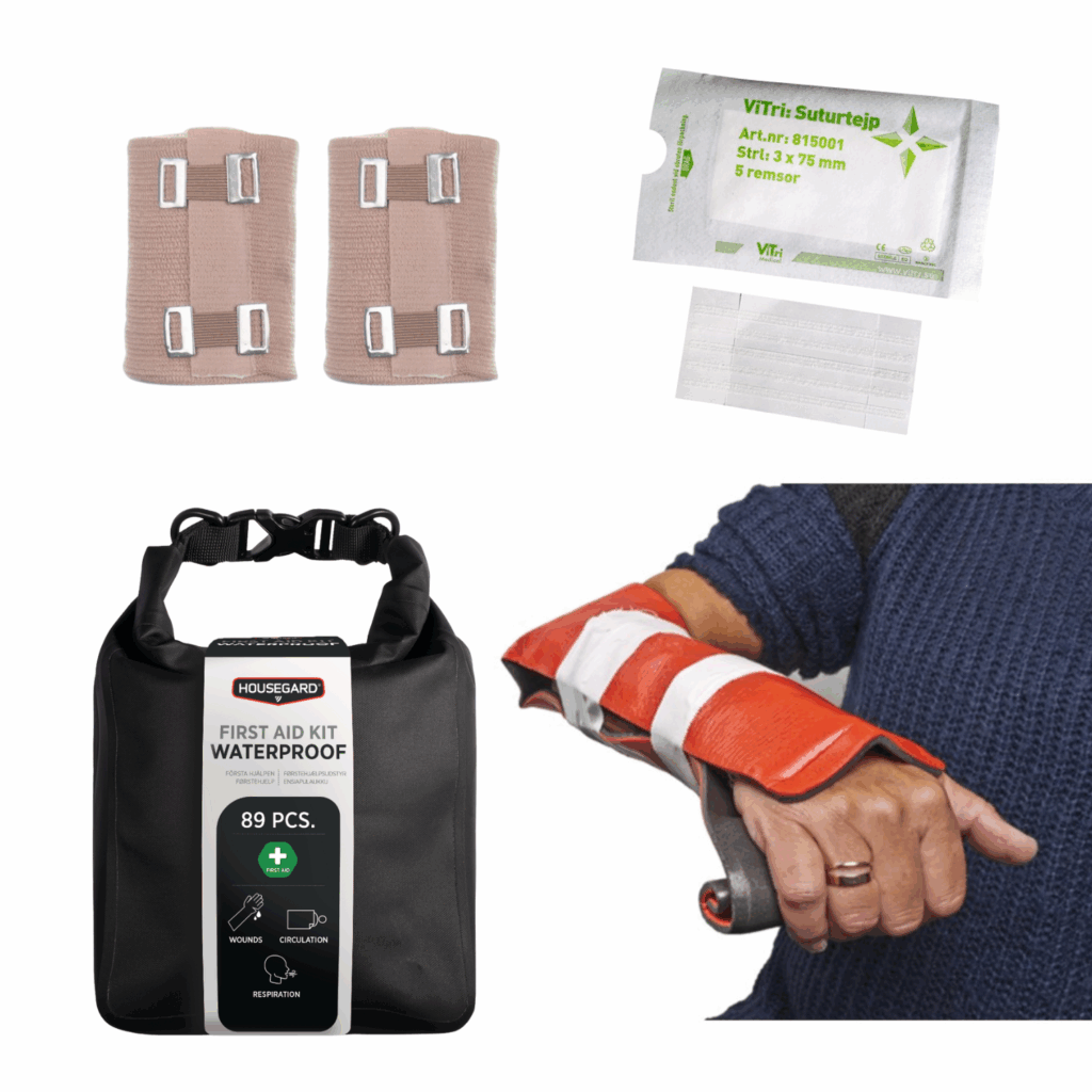 Bild på innehåll i vattentät första hjälpen väska för friluftsliv. Innehållet är enkelt uppdelat efter färg baserat på storlek på såret.