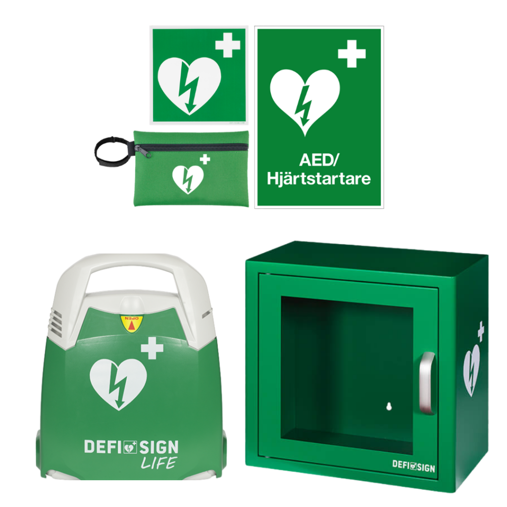 Ett komplett paket som inkluderar DefiSign LIFE hjärtstartare med skåp inomhus. Även hjärtstartare skylt, skylthållare, klisterdekal och first responder kit.