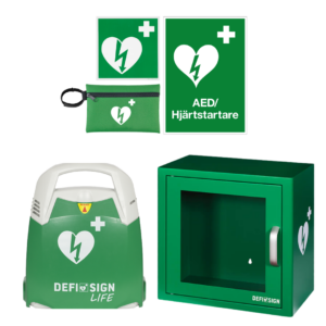 Ett komplett paket som inkluderar DefiSign LIFE hjärtstartare med skåp inomhus. Även hjärtstartare skylt, skylthållare, klisterdekal och first responder kit.
